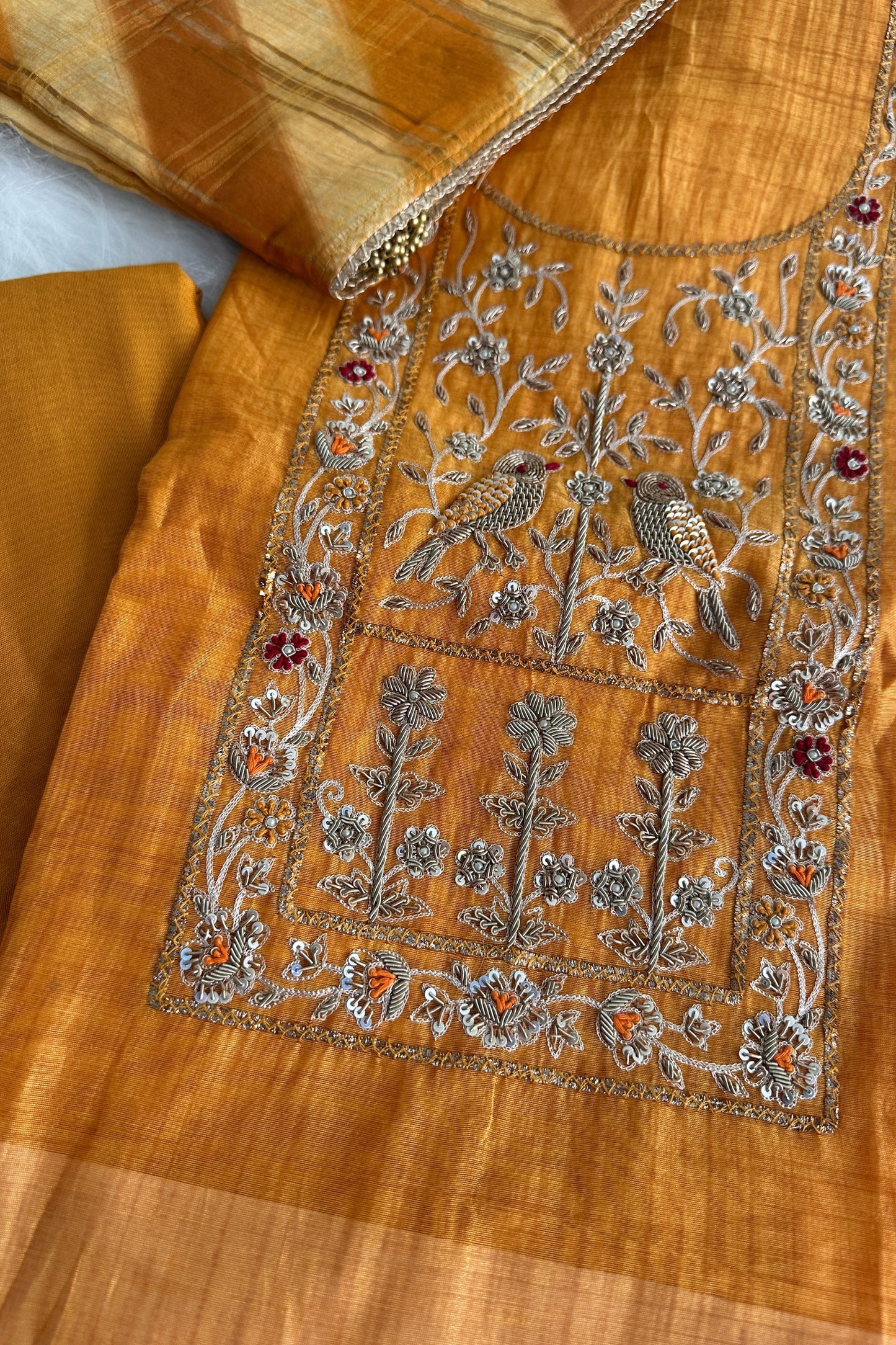 Yellow Chanderi Zardozi Embroidered Unstitched Suit Set With Rangkat Dupatta