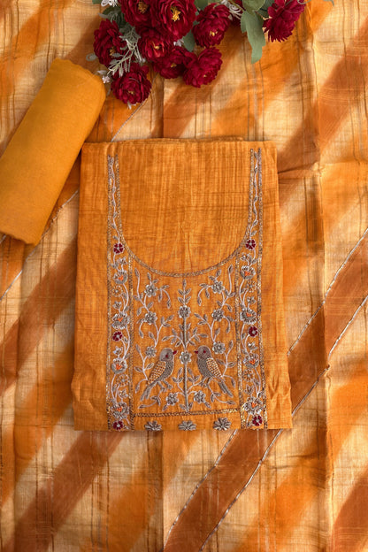 Yellow Chanderi Zardozi Embroidered Unstitched Suit Set With Rangkat Dupatta