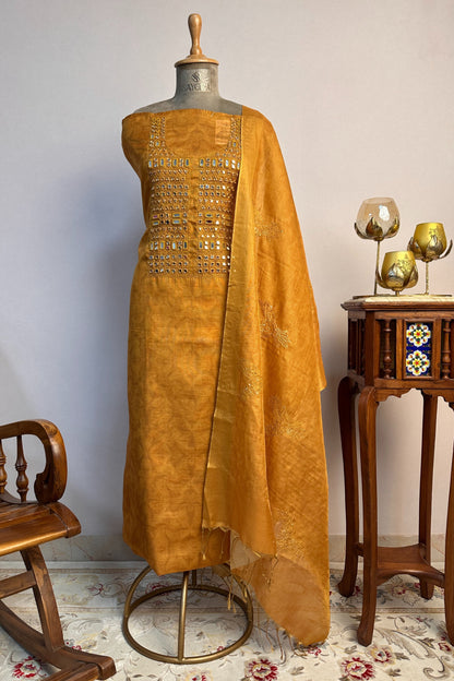 Mustard Toned Mirror Handwork Tissue Unstitched Suit Set With Kantha Dupatta