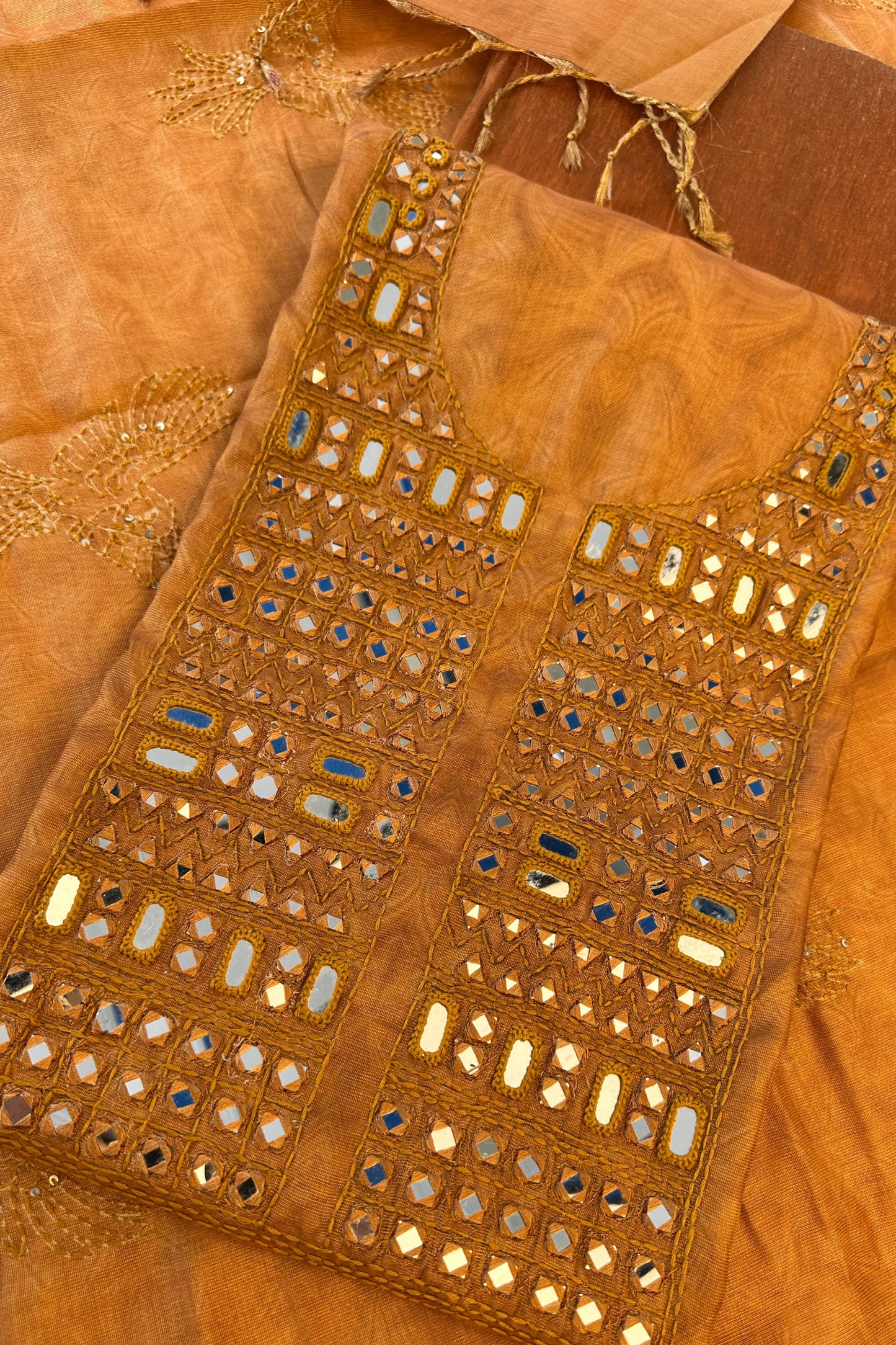 Mustard Toned Mirror Handwork Tissue Unstitched Suit Set With Kantha Dupatta