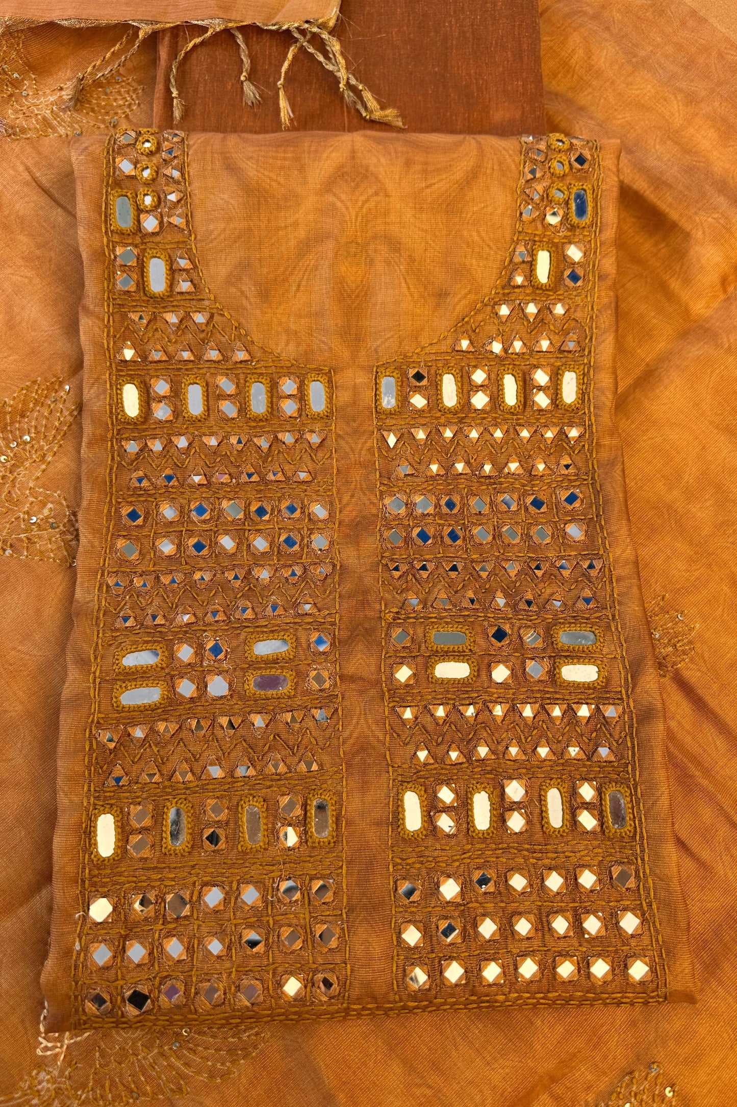 Mustard Toned Mirror Handwork Tissue Unstitched Suit Set With Kantha Dupatta