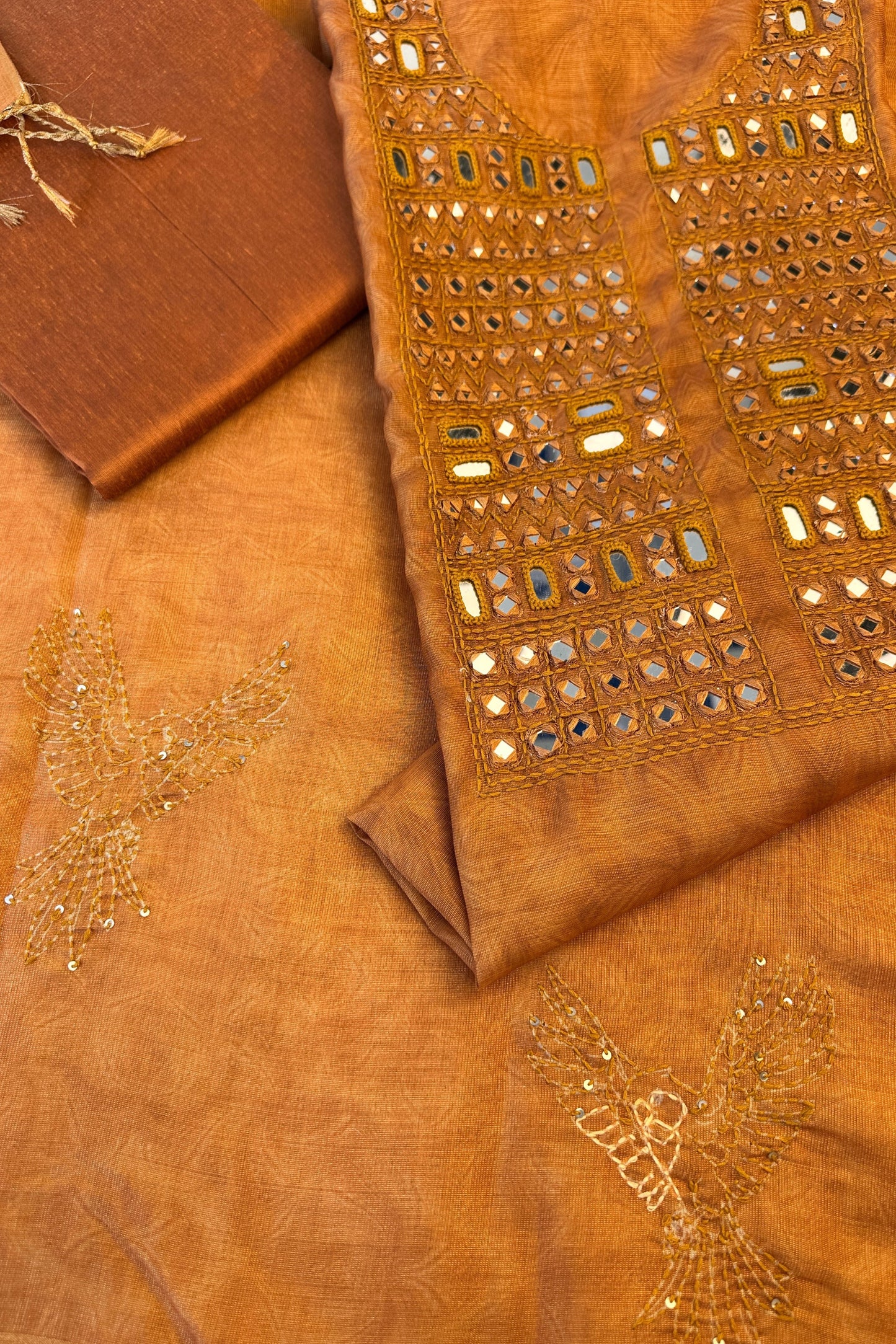 Mustard Toned Mirror Handwork Tissue Unstitched Suit Set With Kantha Dupatta