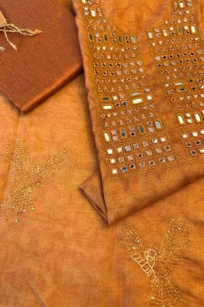 Mustard Toned Mirror Handwork Tissue Unstitched Suit Set With Kantha Dupatta
