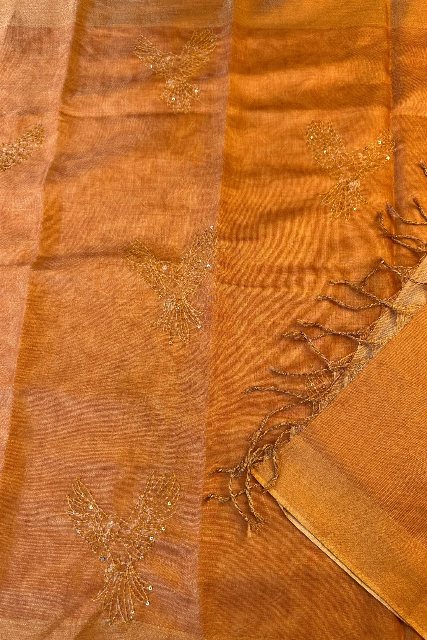 Mustard Toned Mirror Handwork Tissue Unstitched Suit Set With Kantha Dupatta