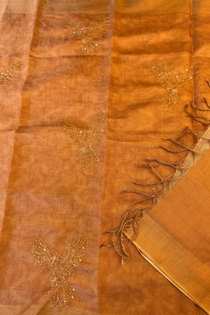Mustard Toned Mirror Handwork Tissue Unstitched Suit Set With Kantha Dupatta