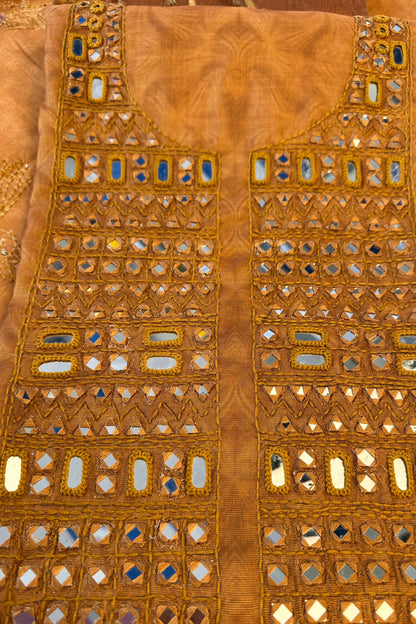 Mustard Toned Mirror Handwork Tissue Unstitched Suit Set With Kantha Dupatta