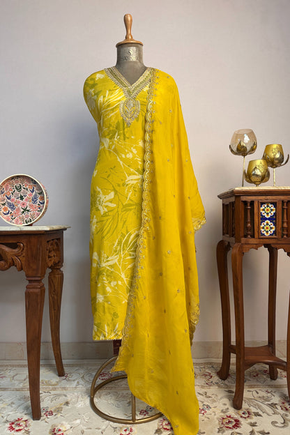 Mustard Yellow Chinon Party Wear Unstitched Suit Set