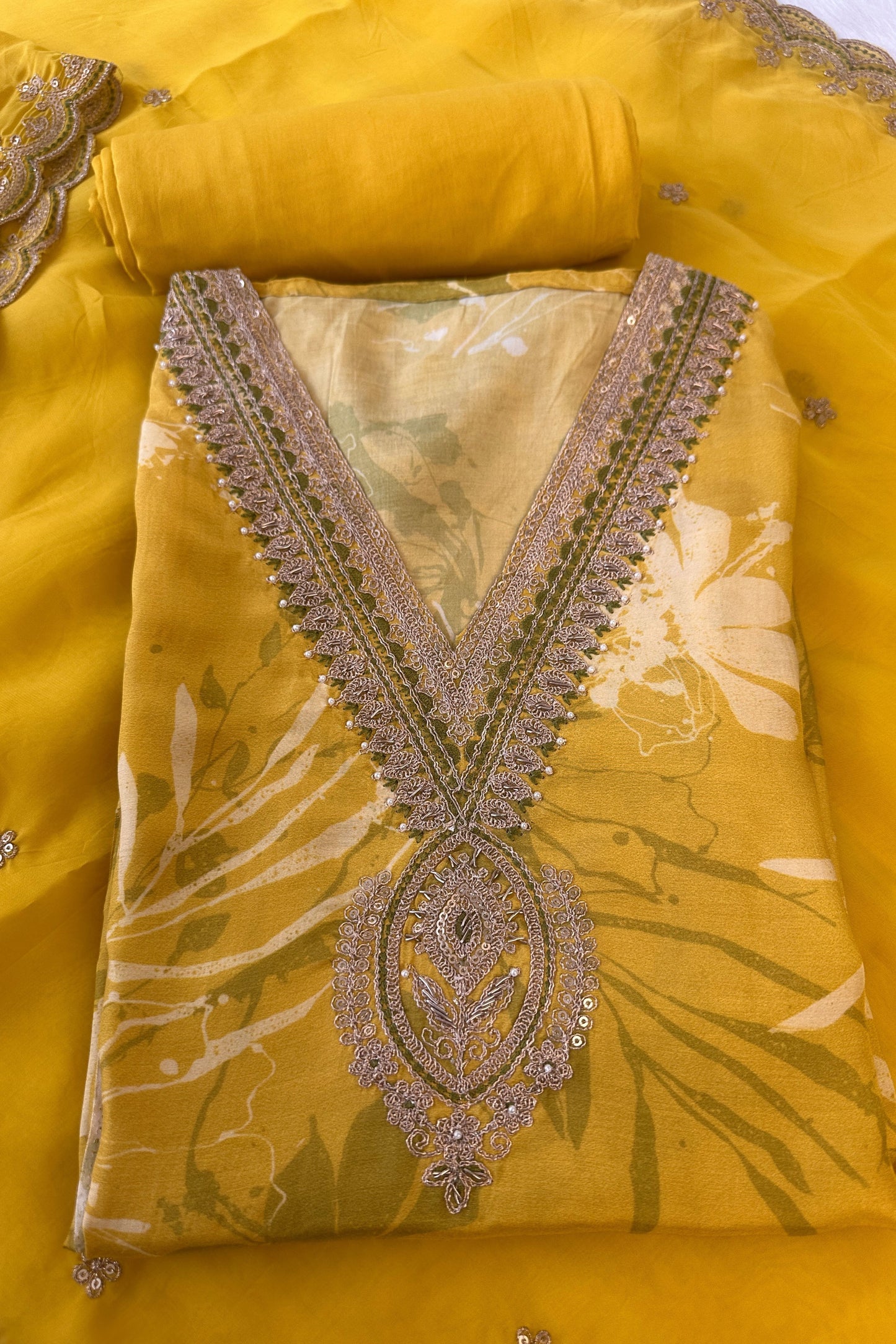 Mustard Yellow Chinon Party Wear Unstitched Suit Set