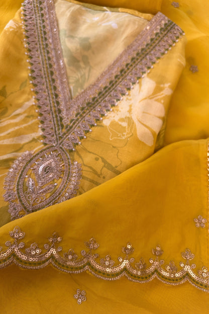 Mustard Yellow Chinon Party Wear Unstitched Suit Set