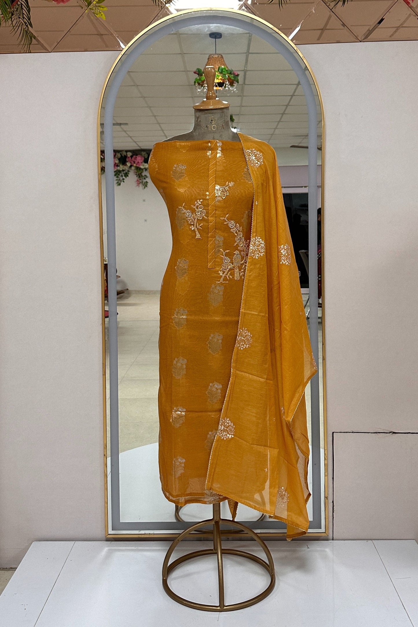 70 GM Chanderi Zardozi handwork Mustard Yellow Unstitched Suit Set