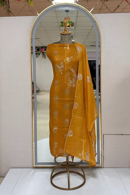 70 GM Chanderi Zardozi handwork Mustard Yellow Unstitched Suit Set