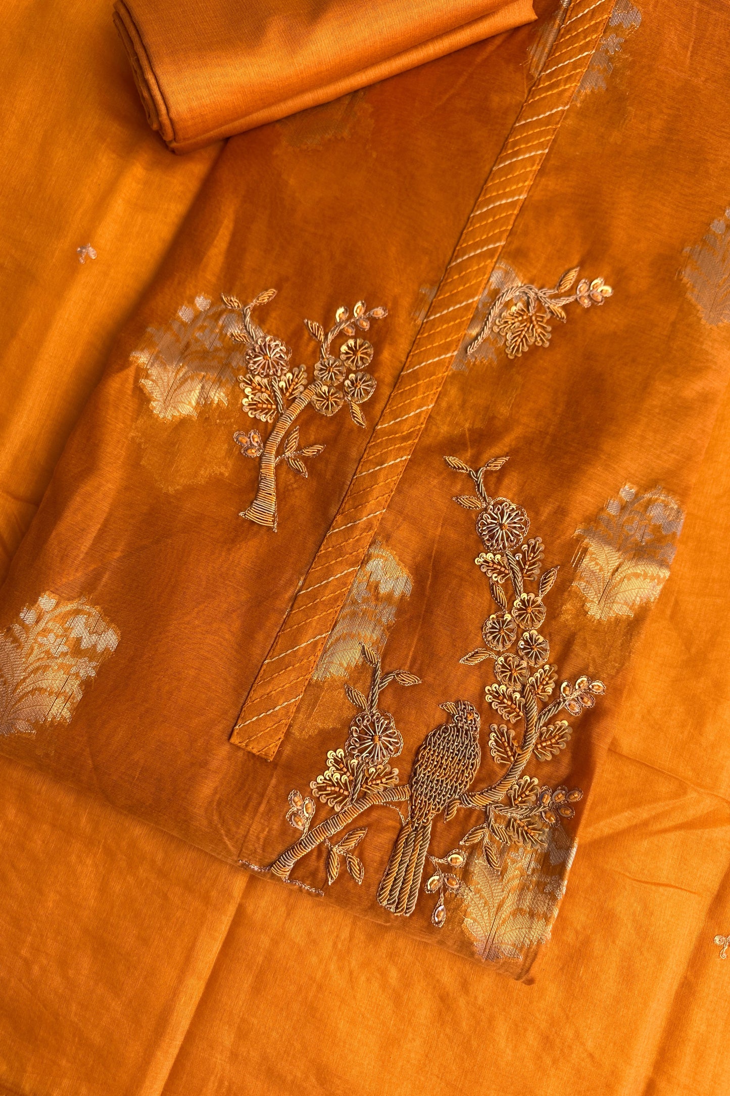 70 GM Chanderi Zardozi handwork Mustard Yellow Unstitched Suit Set