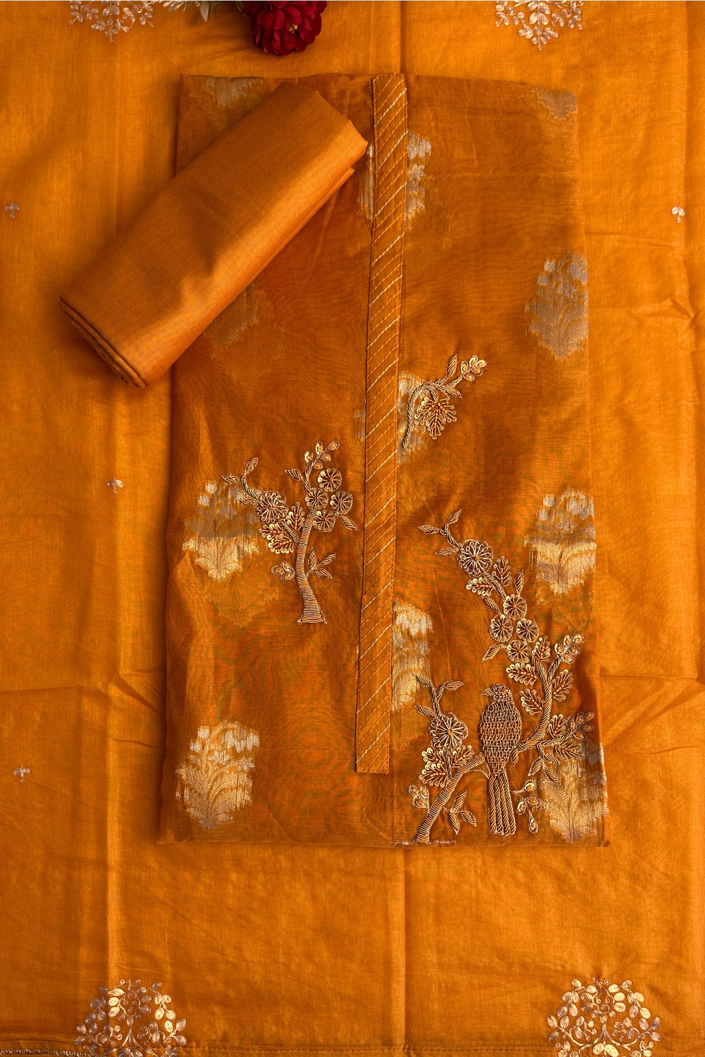 70 GM Chanderi Zardozi handwork Mustard Yellow Unstitched Suit Set