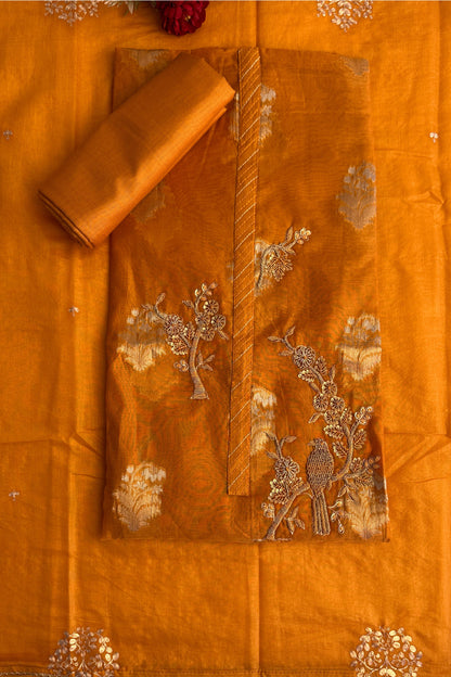 70 GM Chanderi Zardozi handwork Mustard Yellow Unstitched Suit Set