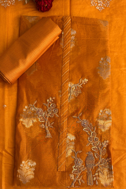 70 GM Chanderi Zardozi handwork Mustard Yellow Unstitched Suit Set