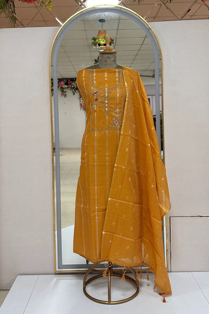Chanderi Banarasi Zardozi handwork Mustard yellow unstitched suit set