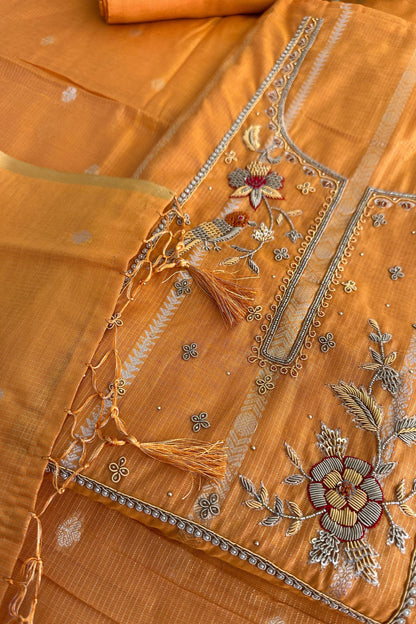Chanderi Banarasi Zardozi handwork Mustard yellow unstitched suit set