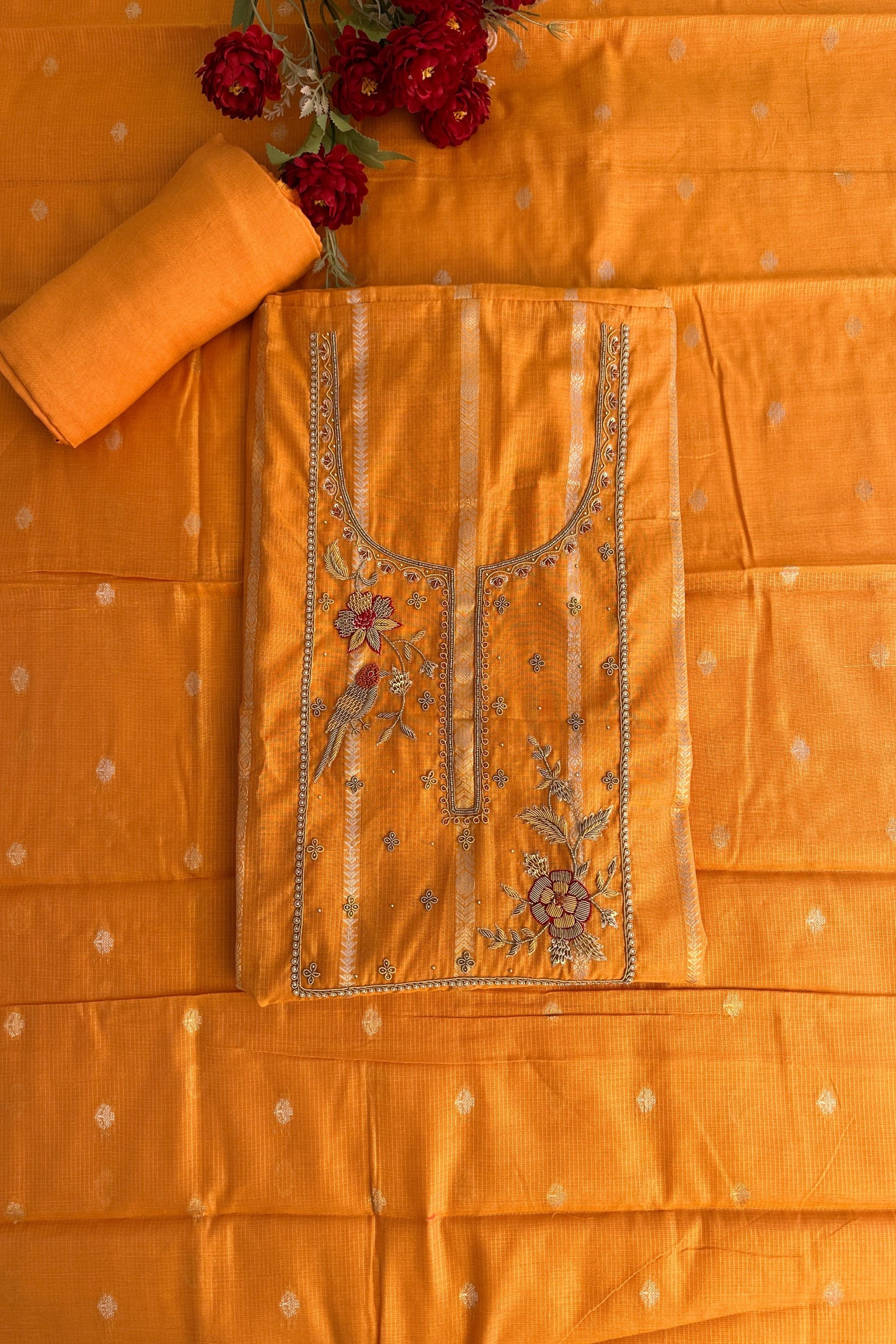 Chanderi Banarasi Zardozi handwork Mustard yellow unstitched suit set