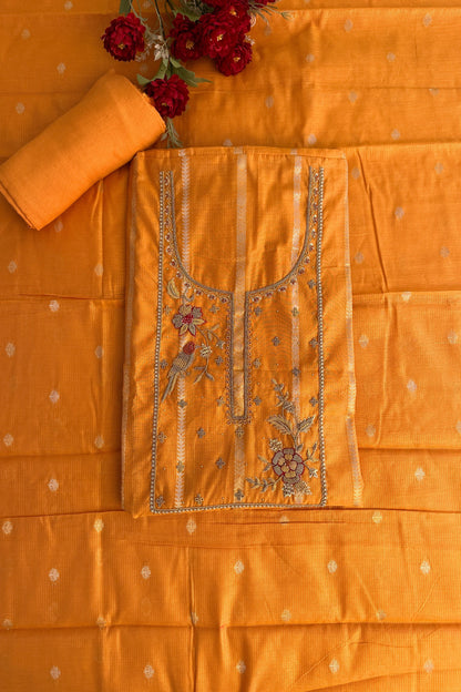 Chanderi Banarasi Zardozi handwork Mustard yellow unstitched suit set