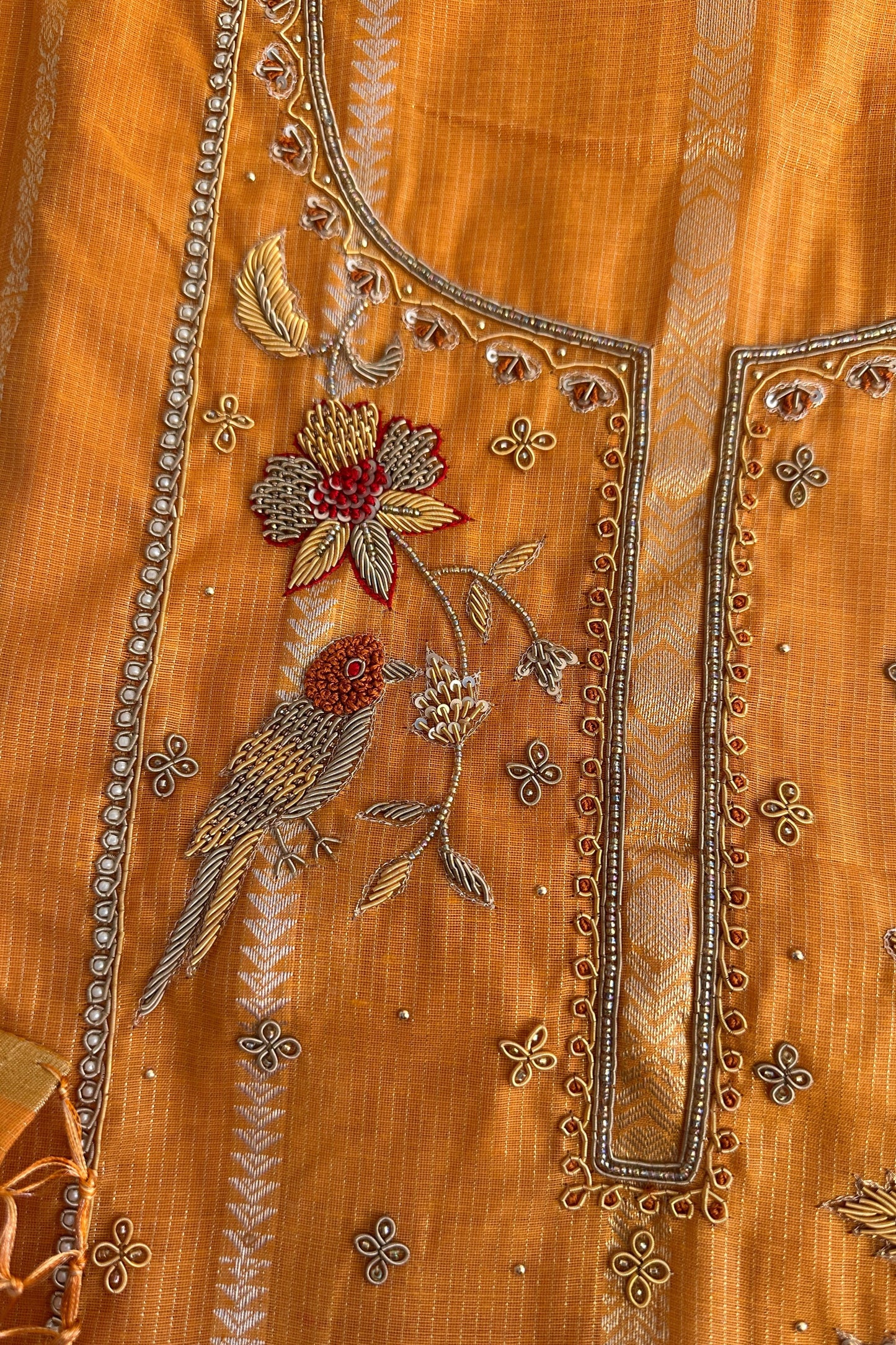 Chanderi Banarasi Zardozi handwork Mustard yellow unstitched suit set