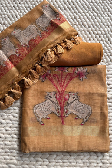 Mustard Yellow Pichwai Jamdani Weaving Linen Chanderi Unstitched Suit Set