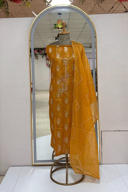 70 gm Chanderi zardozi special Flamingo mustard yellow suit set