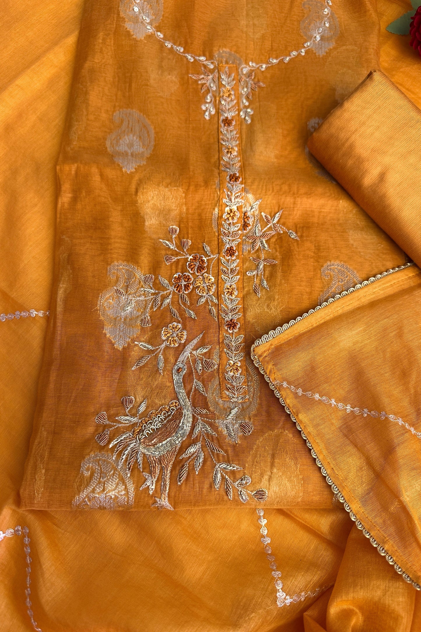 70 gm Chanderi zardozi special Flamingo mustard yellow suit set