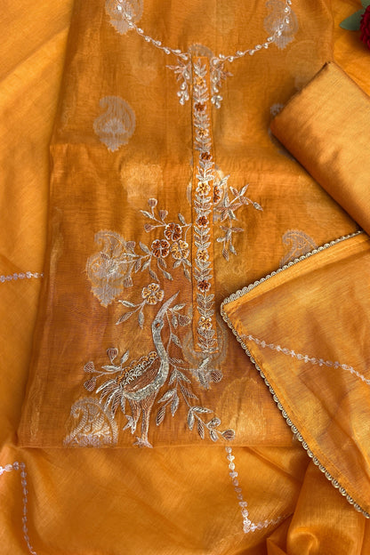 70 gm Chanderi zardozi special Flamingo mustard yellow suit set