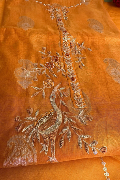 70 gm Chanderi zardozi special Flamingo mustard yellow suit set
