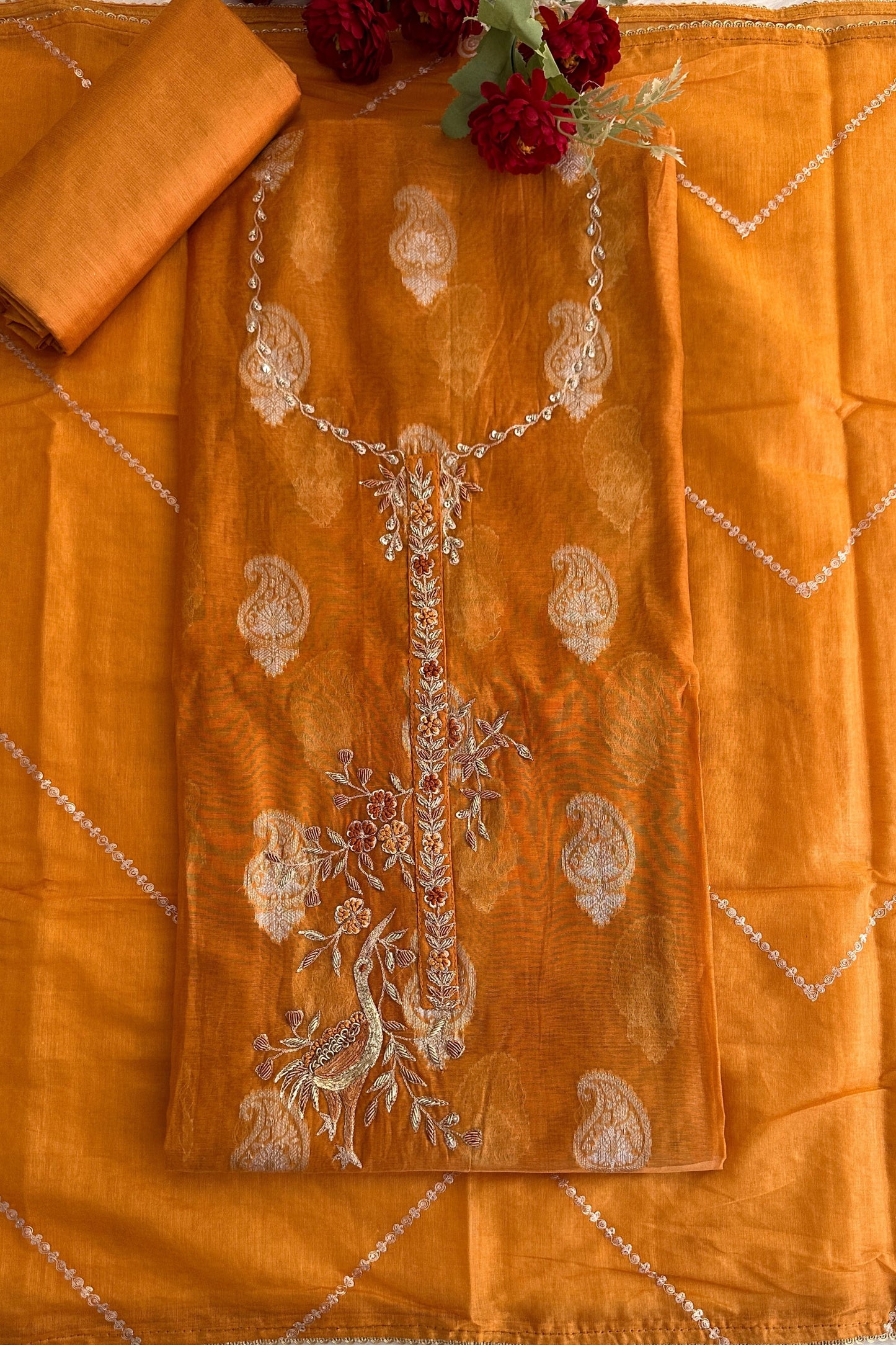 70 gm Chanderi zardozi special Flamingo mustard yellow suit set