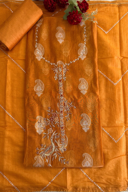 70 gm Chanderi zardozi special Flamingo mustard yellow suit set
