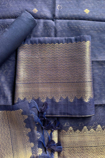 Navy Blue Chanderi Gold Zari Jamdani Weaving Unstitched suit Set