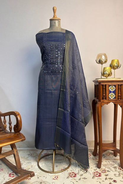 Navy Mirror Handwork Tissue Unstitched Suit Set With Kantha Dupatta