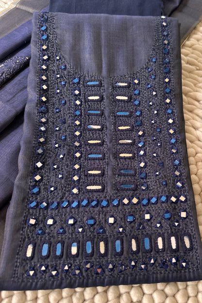 Navy Mirror Handwork Tissue Unstitched Suit Set With Kantha Dupatta