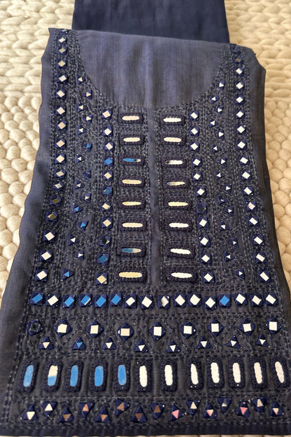 Navy Mirror Handwork Tissue Unstitched Suit Set With Kantha Dupatta
