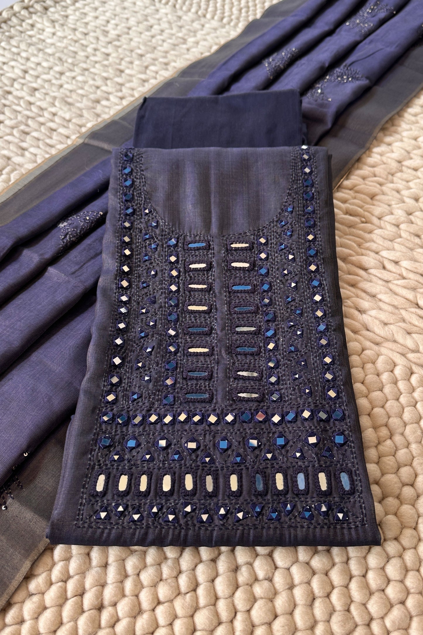 Navy Mirror Handwork Tissue Unstitched Suit Set With Kantha Dupatta