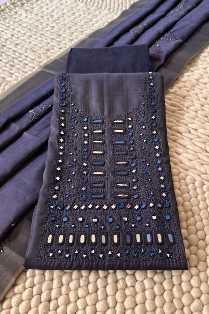 Navy Mirror Handwork Tissue Unstitched Suit Set With Kantha Dupatta
