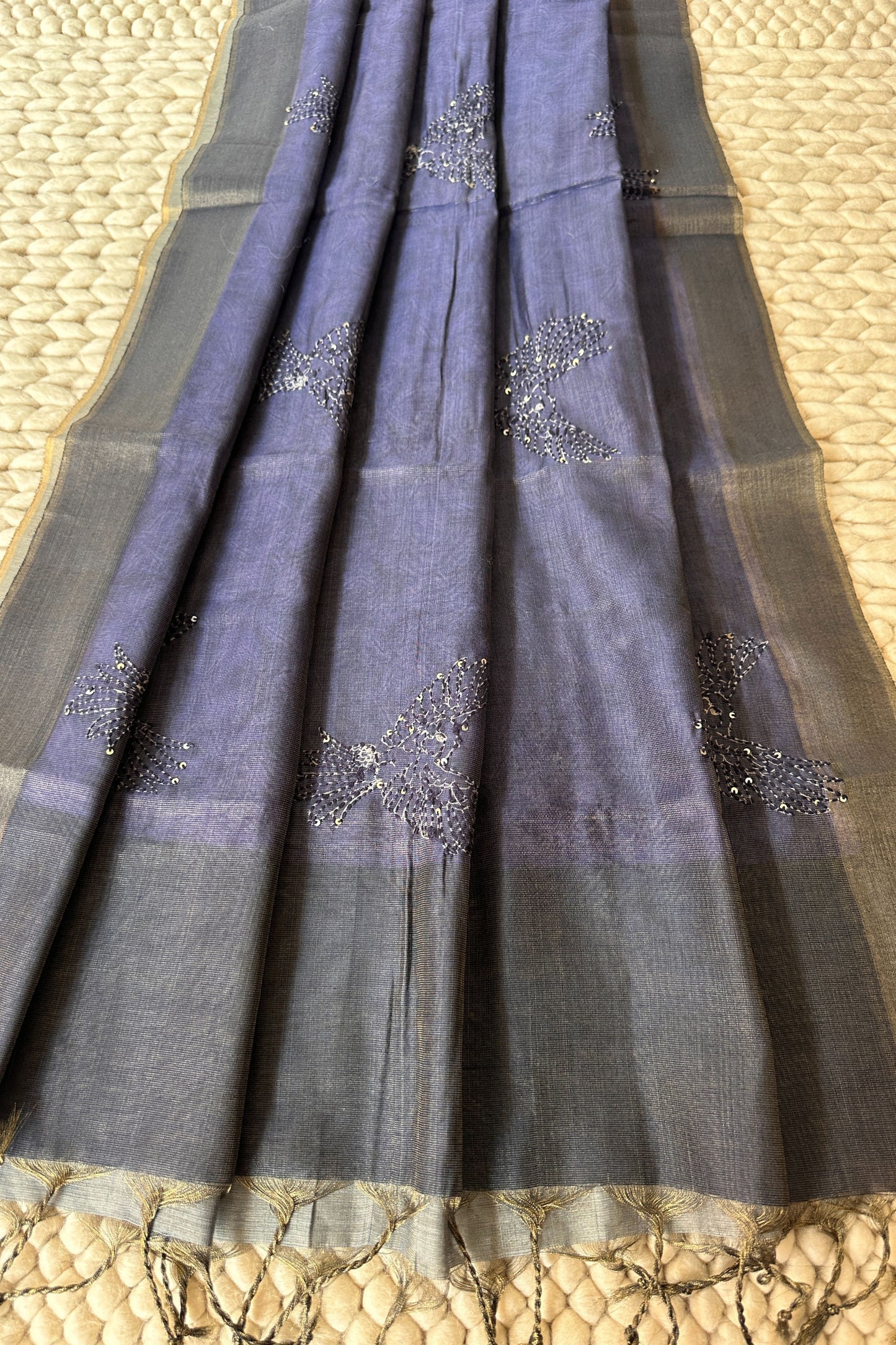 Navy Mirror Handwork Tissue Unstitched Suit Set With Kantha Dupatta