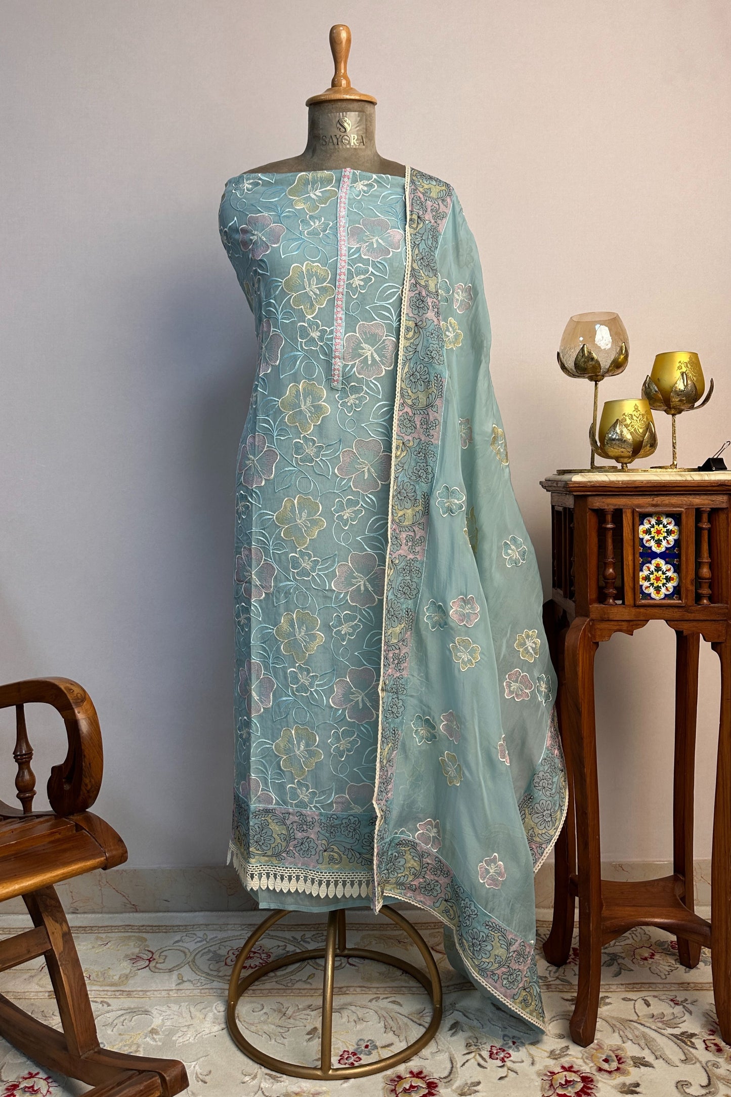 Ice Blue Organza Resham Threadwork Unstitched Suit Set
