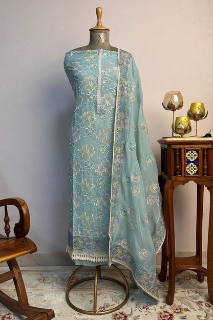 Ice Blue Organza Resham Threadwork Unstitched Suit Set