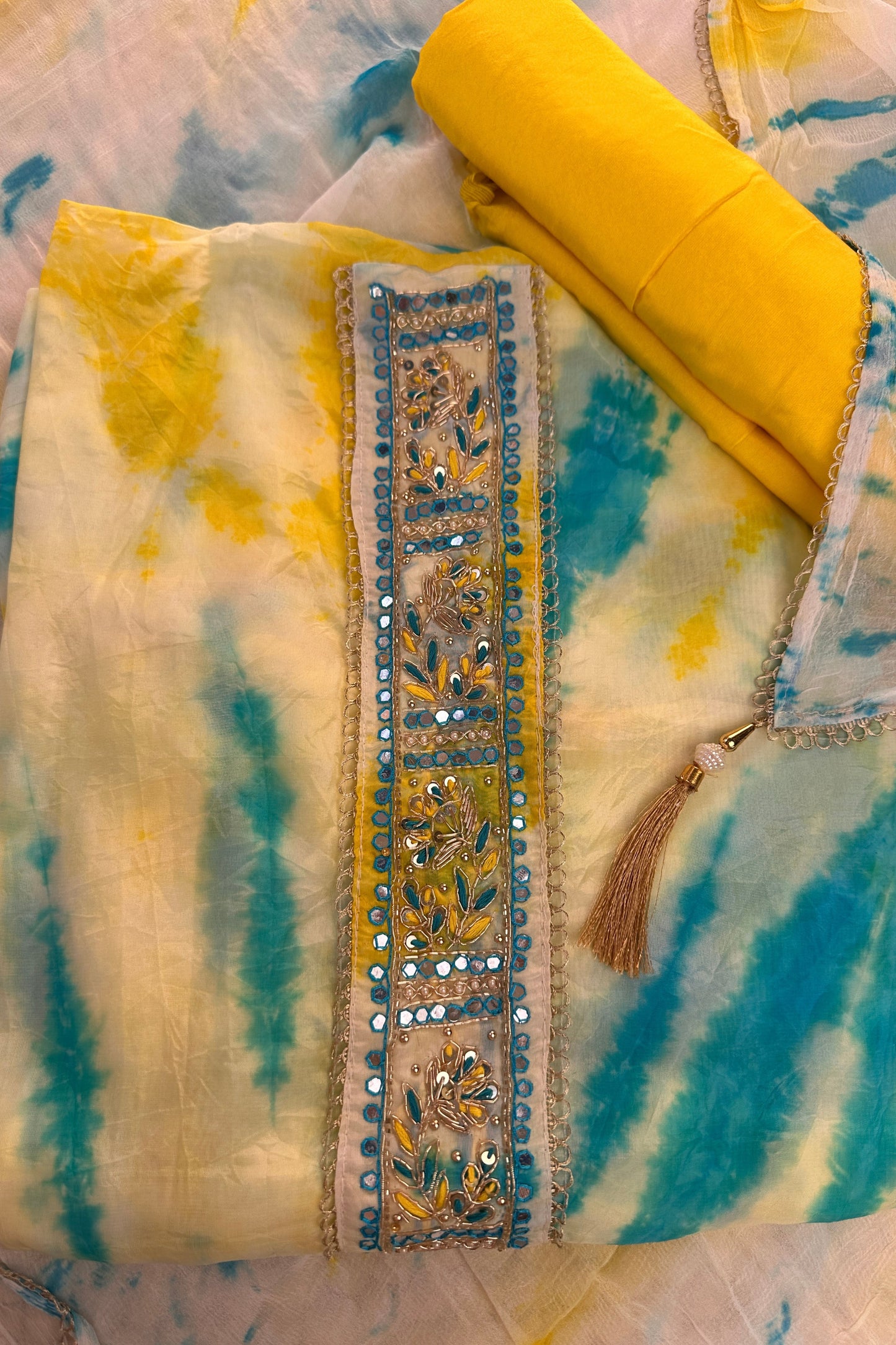 Organza Tie & Die Blue Unstitched Suit Set With Hand Embroidery