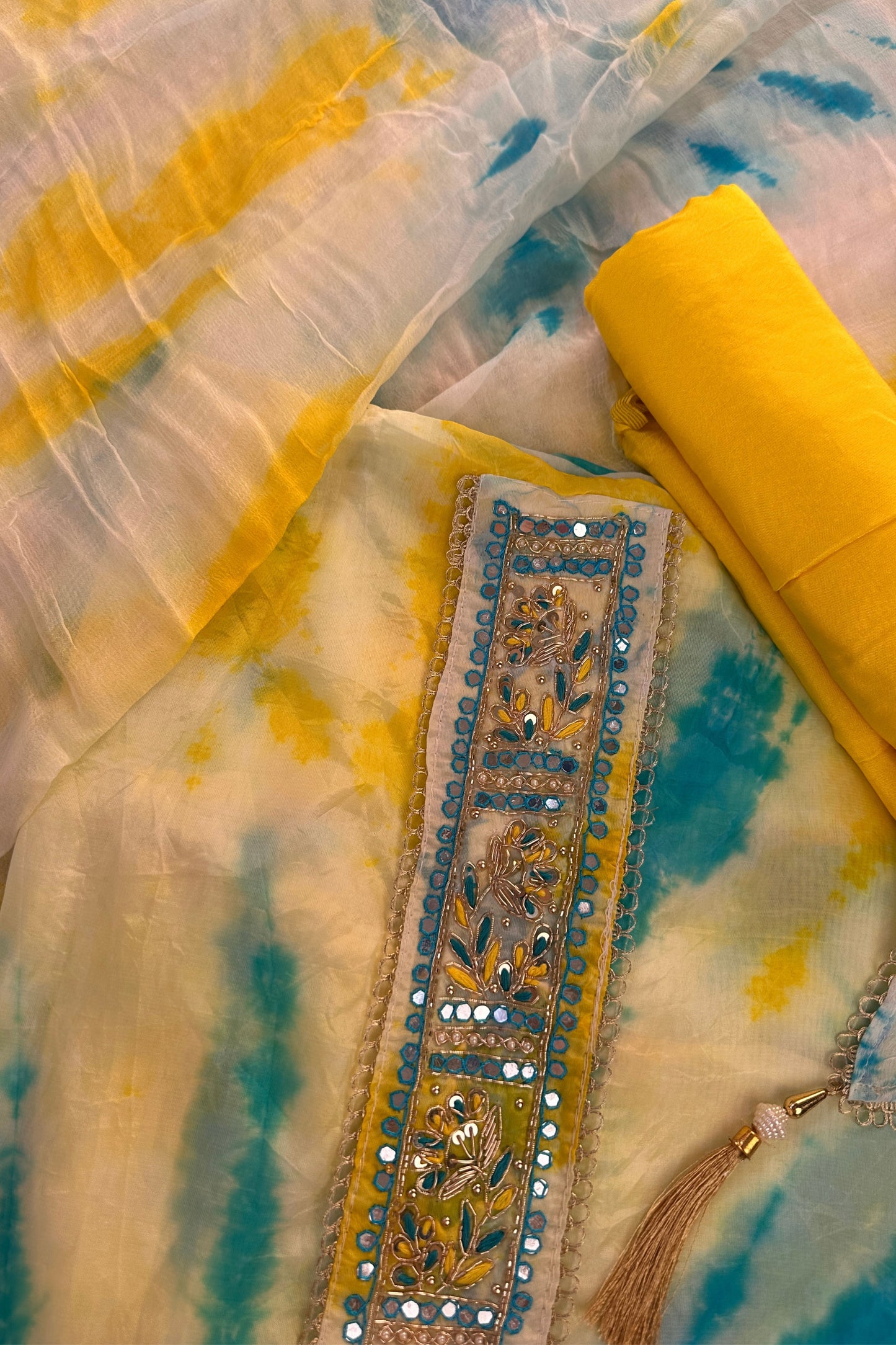 Organza Tie & Die Blue Unstitched Suit Set With Hand Embroidery