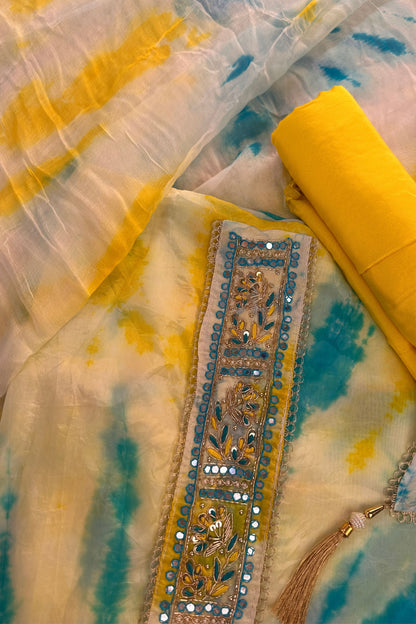 Organza Tie & Die Blue Unstitched Suit Set With Hand Embroidery