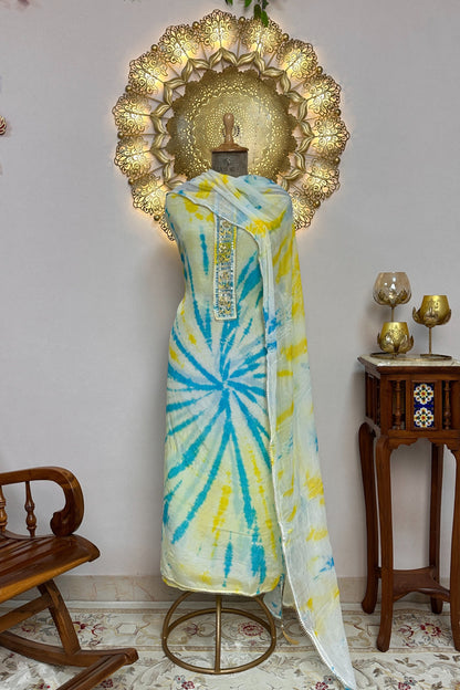 Organza Tie & Die Blue Unstitched Suit Set With Hand Embroidery