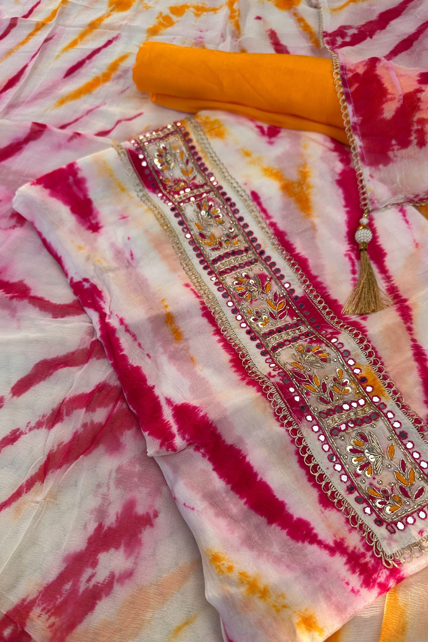 Organza Tie & Die Pink Unstitched Suit Set With Hand Embroidery