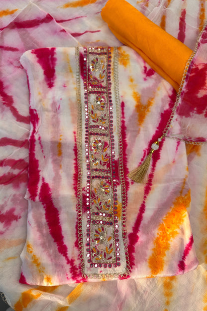 Organza Tie & Die Pink Unstitched Suit Set With Hand Embroidery