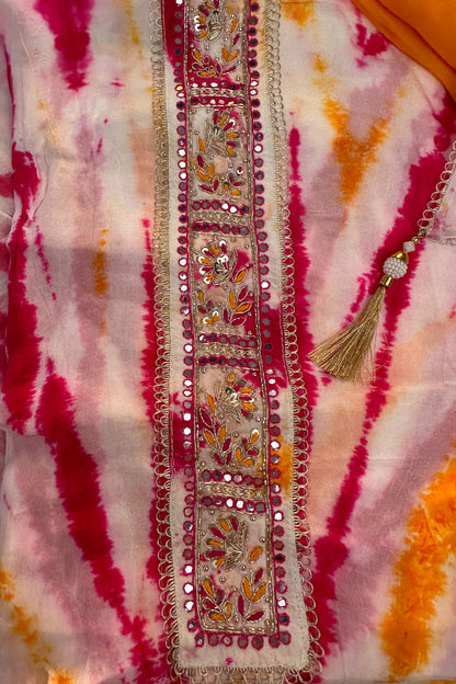 Organza Tie & Die Pink Unstitched Suit Set With Hand Embroidery