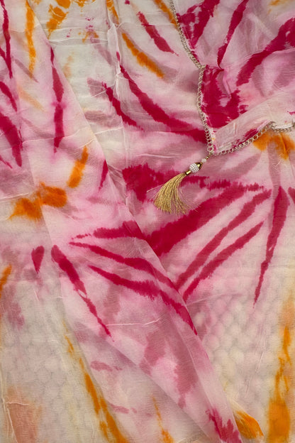Organza Tie & Die Pink Unstitched Suit Set With Hand Embroidery