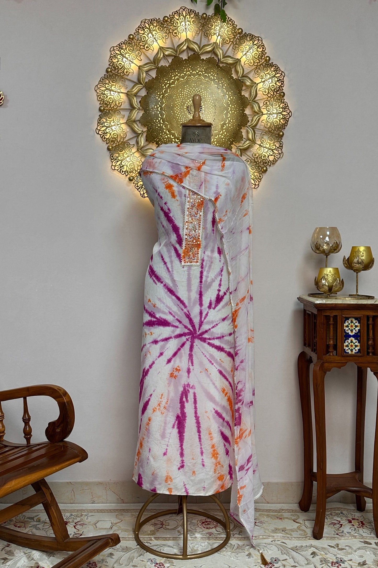 Organza Tie & Die Purple Unstitched Suit Set With Hand Embroidery