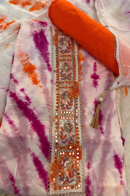 Organza Tie & Die Purple Unstitched Suit Set With Hand Embroidery
